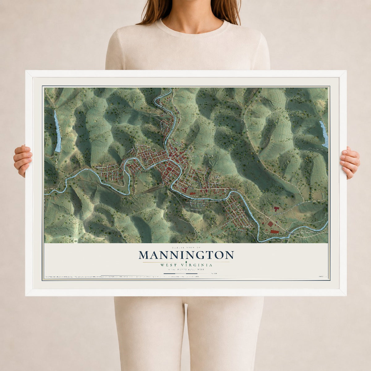 Map of Mannington, West Virginia, 24 x 36 inch print in a white wood frame