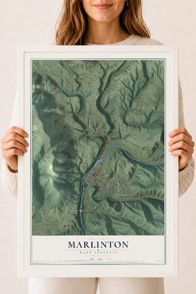 Map of Marlinton, West Virginia, 18 x 24 inch print in a white wood frame