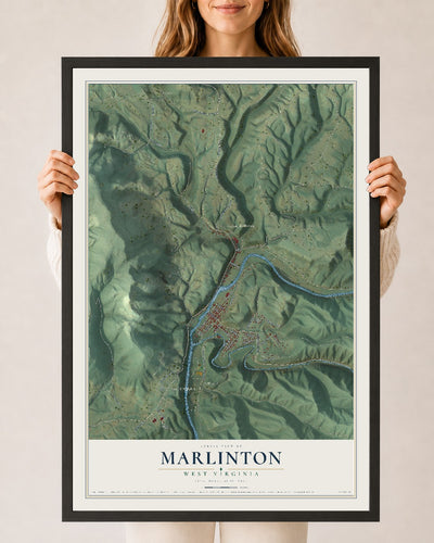 Map of Marlinton, West Virginia, 24 x 36 inch print in a black wood frame