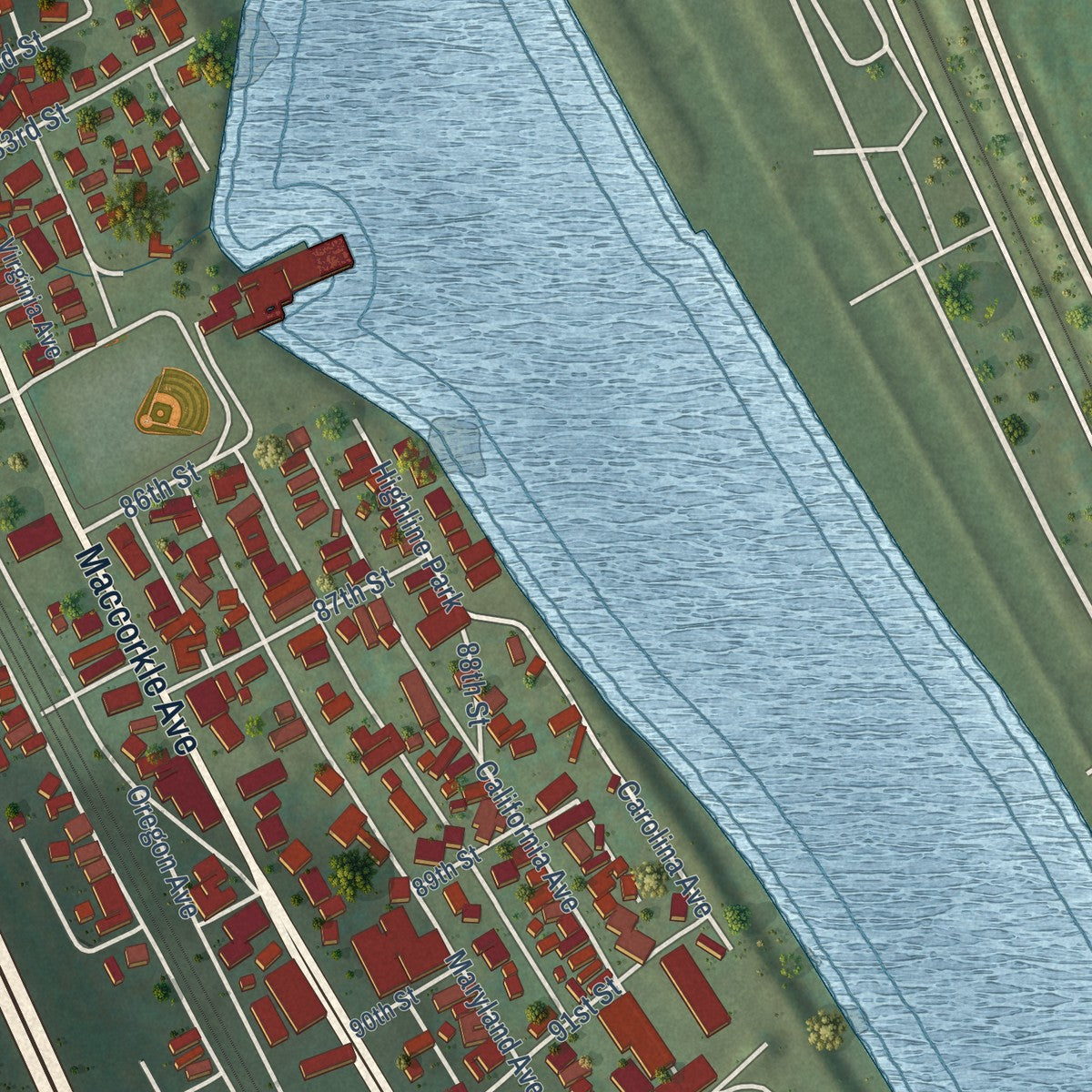 Close-up of the map of Marmet, West Virginia print showing street and building detail
