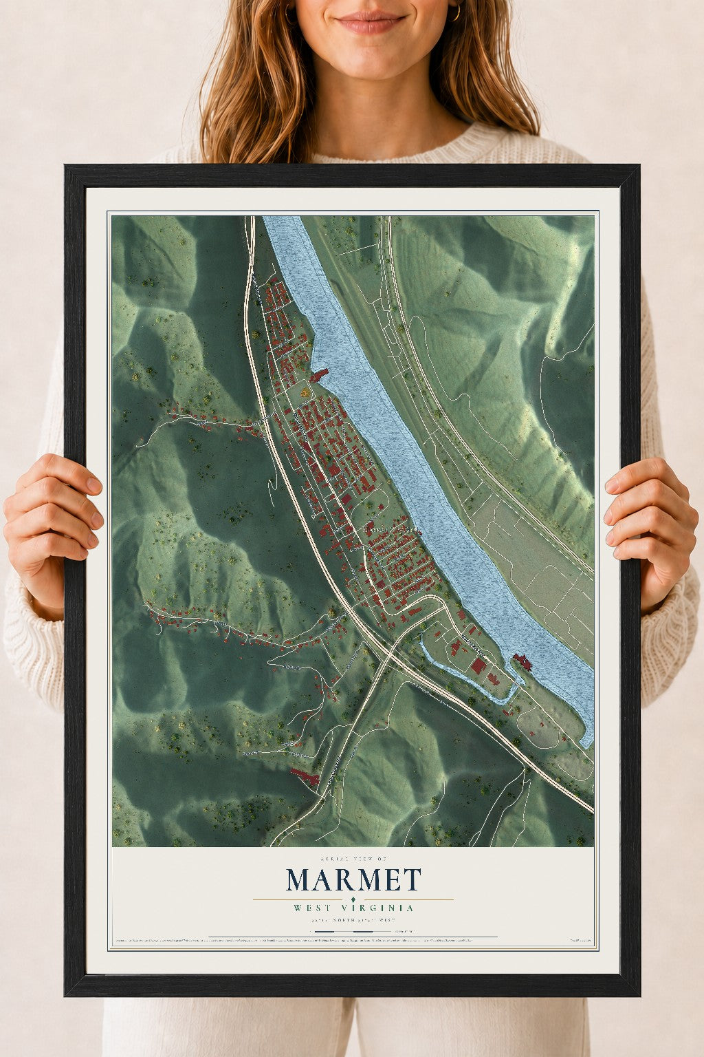 Map of Marmet, West Virginia, 18 x 24 inch print in a black wood frame
