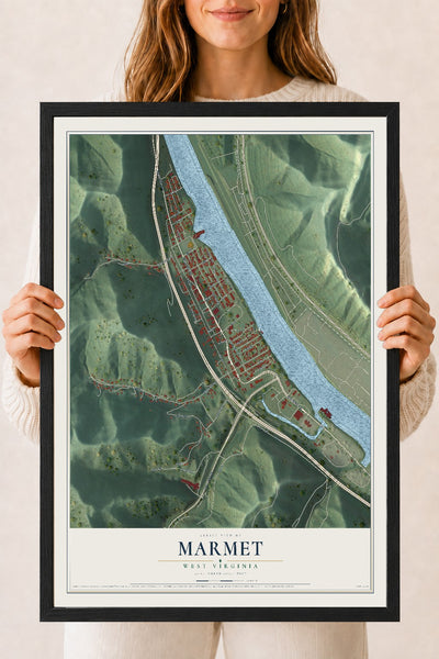 Map of Marmet, West Virginia, 18 x 24 inch print in a black wood frame