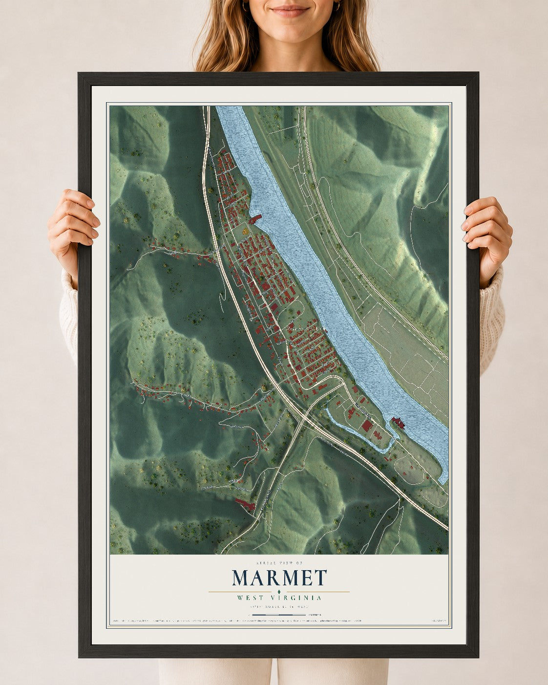 Map of Marmet, West Virginia, 24 x 36 inch print in a black wood frame