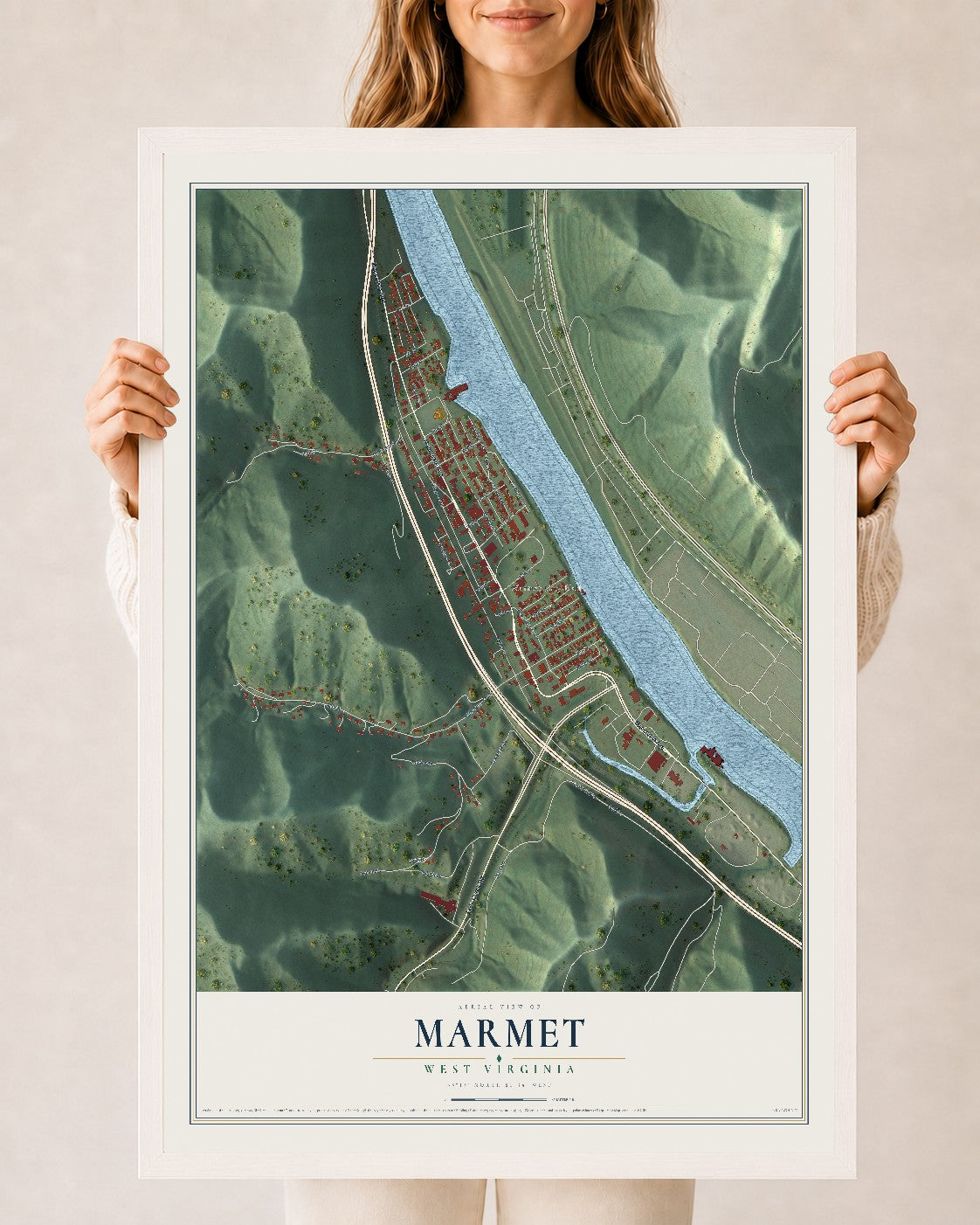 Map of Marmet, West Virginia, 24 x 36 inch print in a white wood frame