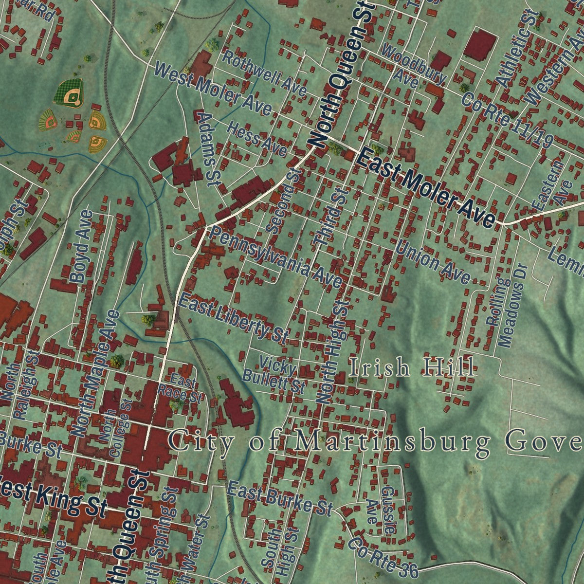 Close-up of the map of Martinsburg, West Virginia print showing street and building detail