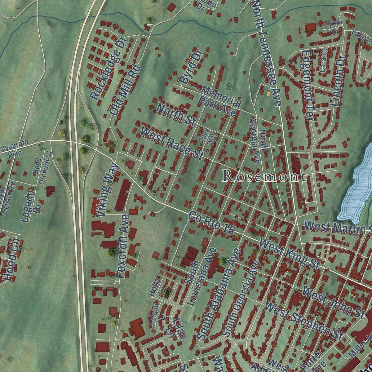 Second close-up of the map of Martinsburg, West Virginia print showing more streets and buildings