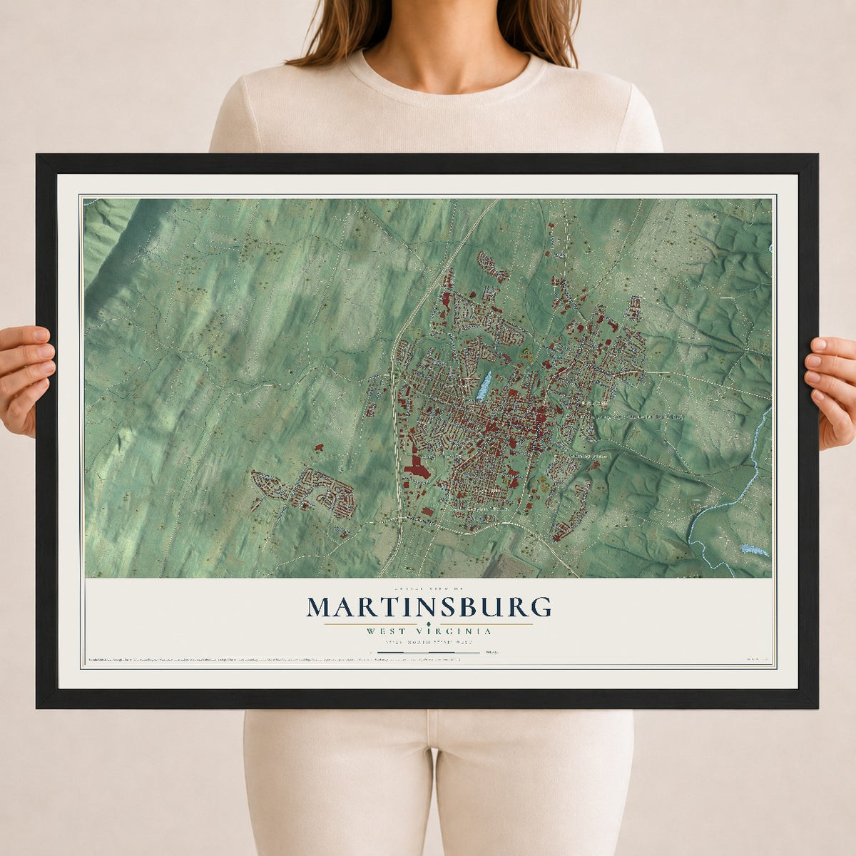 Map of Martinsburg, West Virginia, 18 x 24 inch print in a black wood frame
