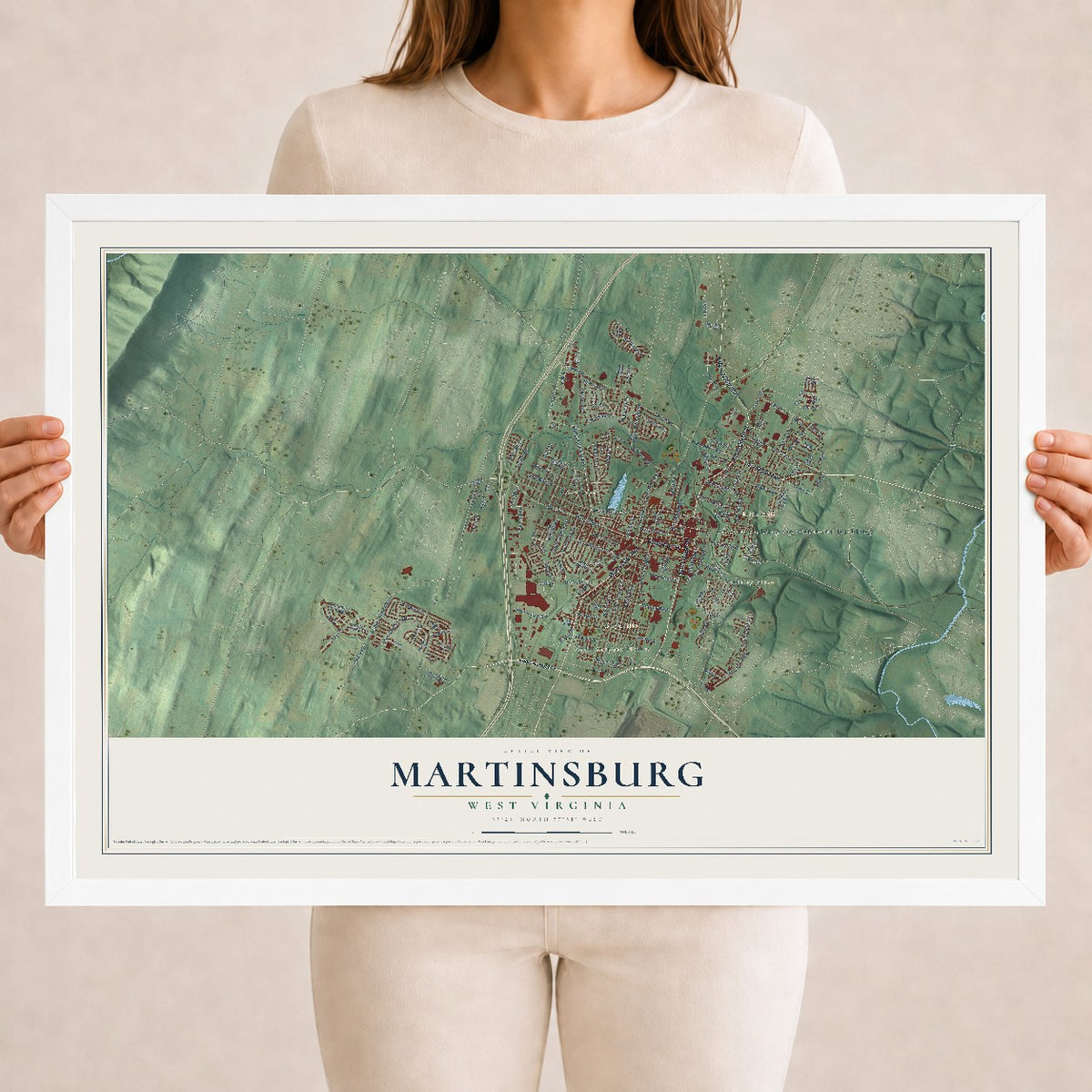 Map of Martinsburg, West Virginia, 18 x 24 inch print in a white wood frame