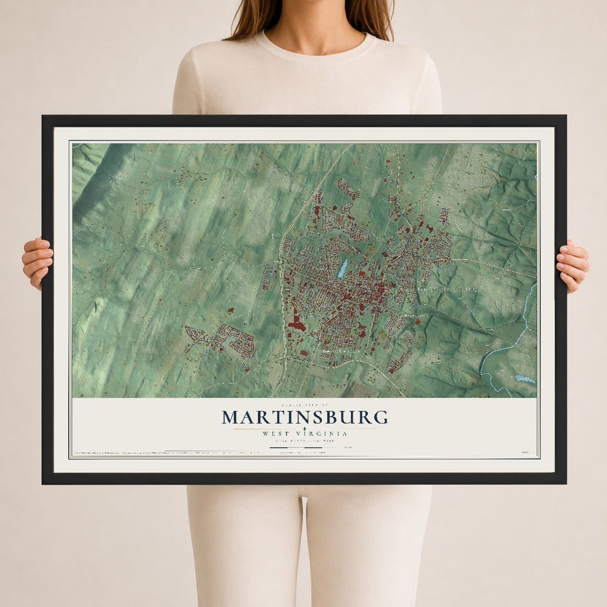 Map of Martinsburg, West Virginia, 24 x 36 inch print in a black wood frame