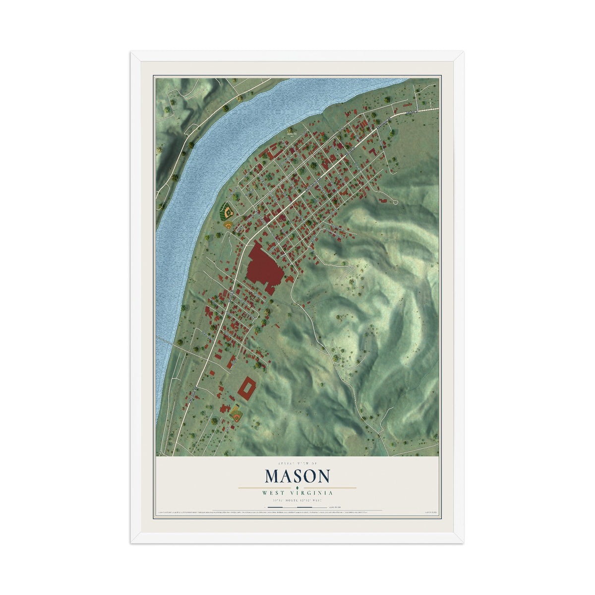 Map of Mason, West Virginia, 12 x 18 inch print in a white wood frame