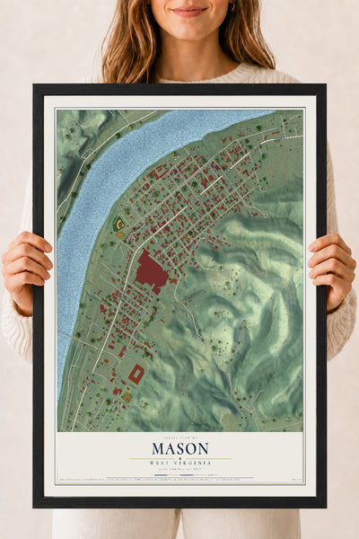 Map of Mason, West Virginia, 18 x 24 inch print in a black wood frame