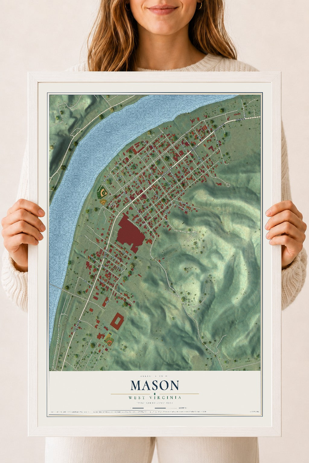 Map of Mason, West Virginia, 18 x 24 inch print in a white wood frame