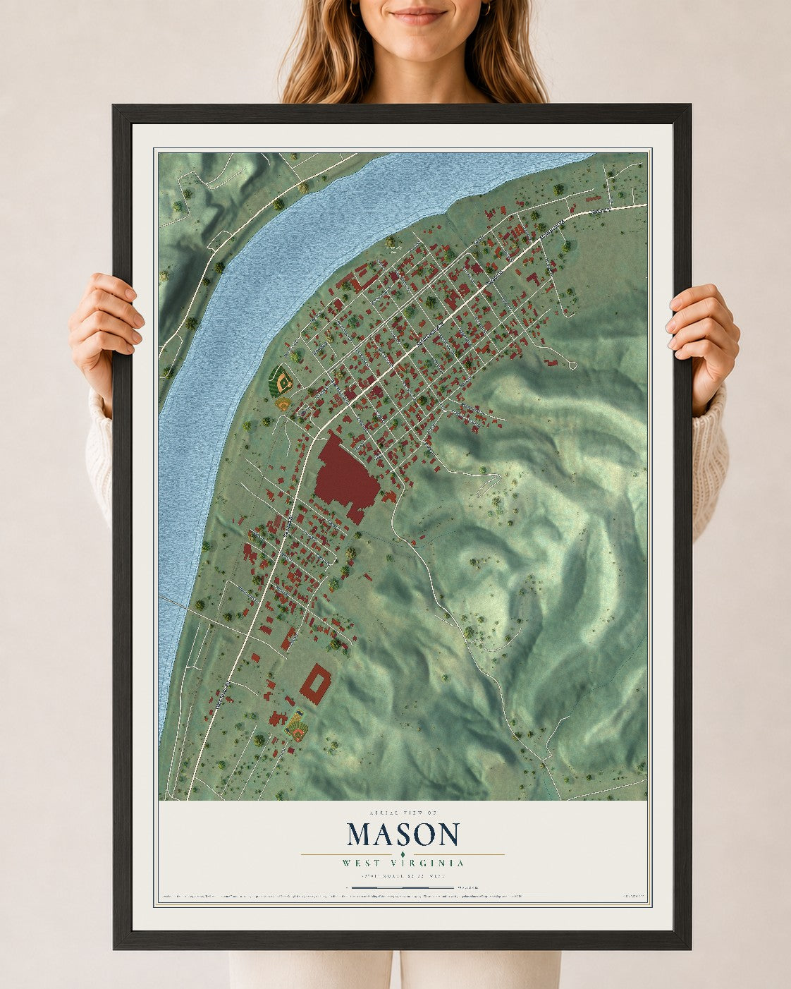 Map of Mason, West Virginia, 24 x 36 inch print in a black wood frame