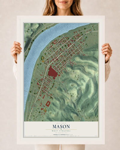 Map of Mason, West Virginia, 24 x 36 inch print in a white wood frame