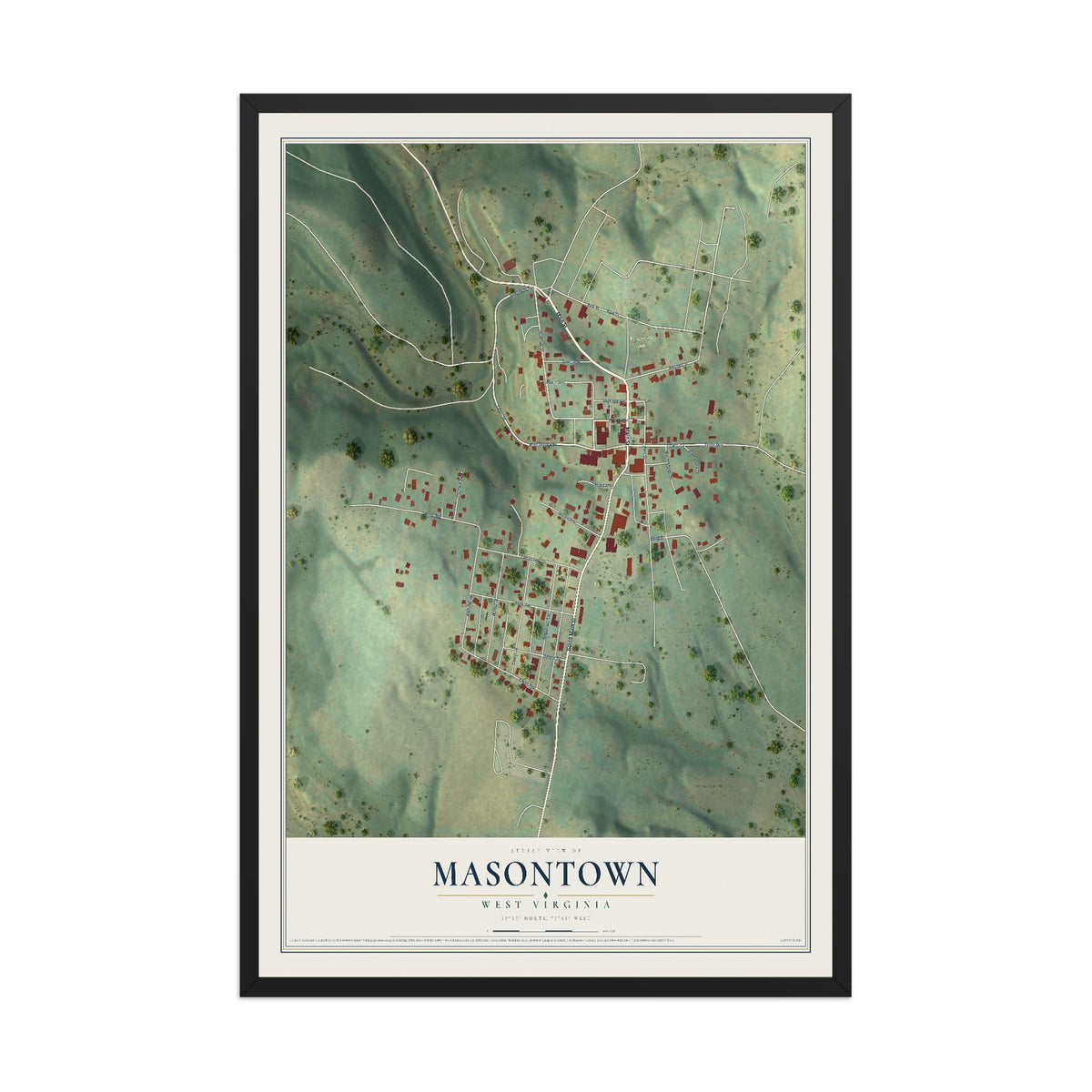 Map of Masontown, West Virginia, 12 x 18 inch print in a black wood frame