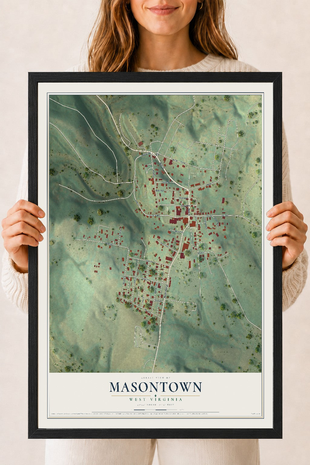 Map of Masontown, West Virginia, 18 x 24 inch print in a black wood frame