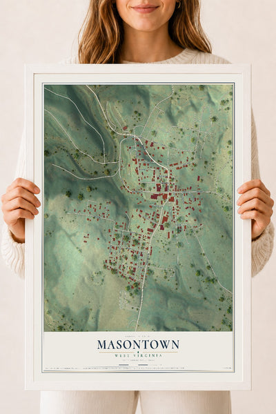 Map of Masontown, West Virginia, 18 x 24 inch print in a white wood frame