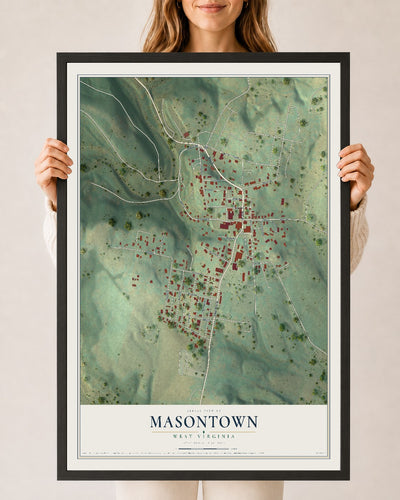 Map of Masontown, West Virginia, 24 x 36 inch print in a black wood frame