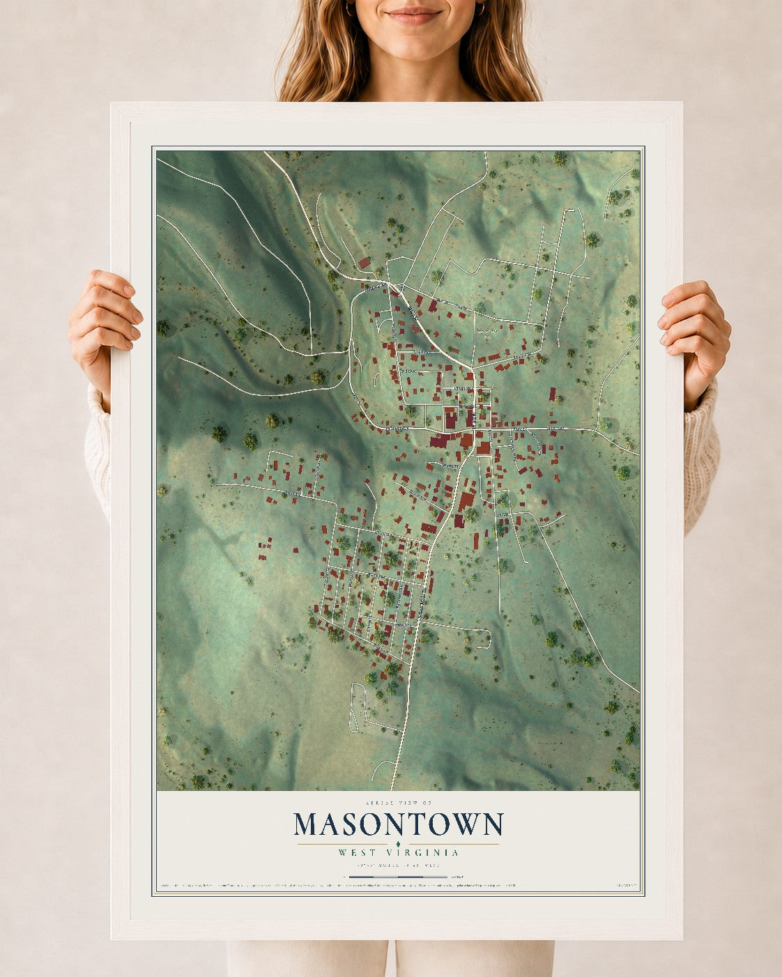 Map of Masontown, West Virginia, 24 x 36 inch print in a white wood frame