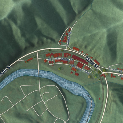 Close-up of the map of Matewan, West Virginia print showing street and building detail