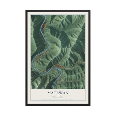 Map of Matewan, West Virginia, 12 x 18 inch print in a black wood frame