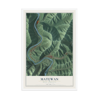 Map of Matewan, West Virginia, 12 x 18 inch print in a white wood frame