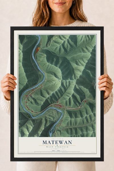 Map of Matewan, West Virginia, 18 x 24 inch print in a black wood frame