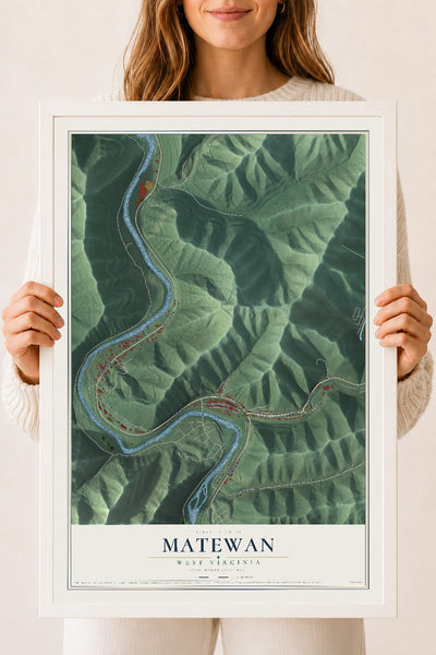 Map of Matewan, West Virginia, 18 x 24 inch print in a white wood frame