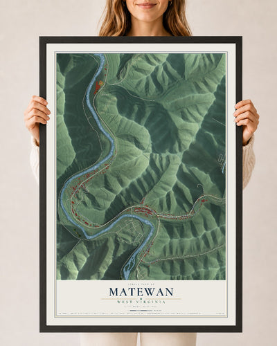 Map of Matewan, West Virginia, 24 x 36 inch print in a black wood frame
