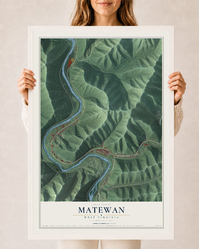 Map of Matewan, West Virginia, 24 x 36 inch print in a white wood frame
