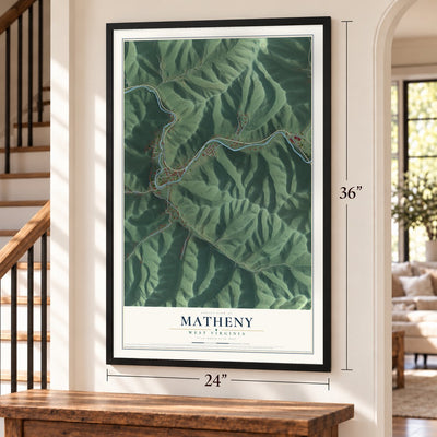 Matheny, West Virginia map, 24 x 36 inch print in a black frame by a staircase
