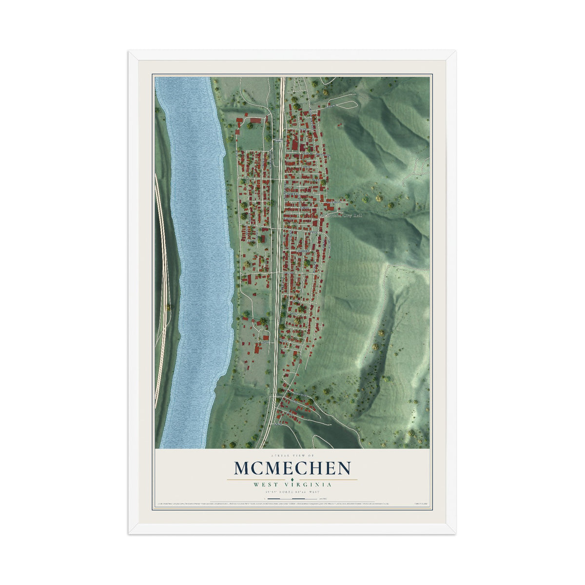 Map of McMechen, West Virginia, 12 x 18 inch print in a white wood frame