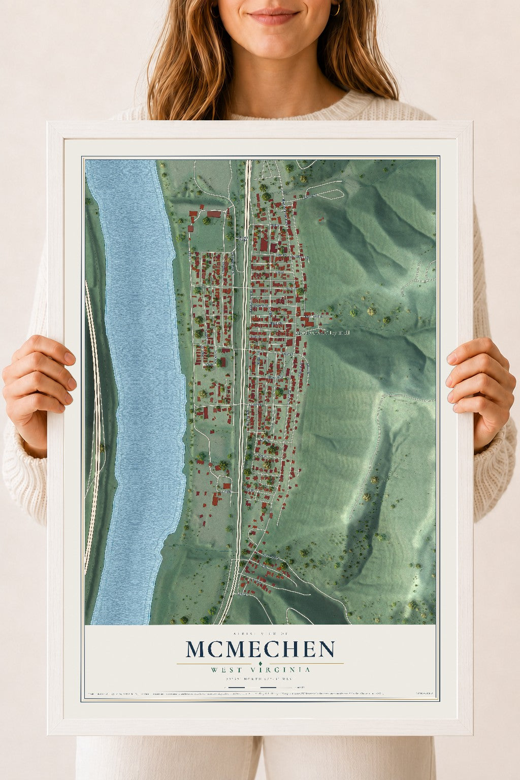 Map of McMechen, West Virginia, 18 x 24 inch print in a white wood frame
