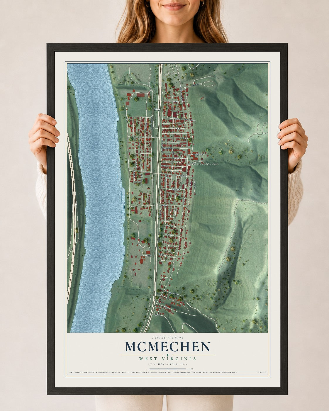 Map of McMechen, West Virginia, 24 x 36 inch print in a black wood frame