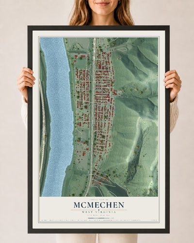 Map of McMechen, West Virginia, 24 x 36 inch print in a black wood frame