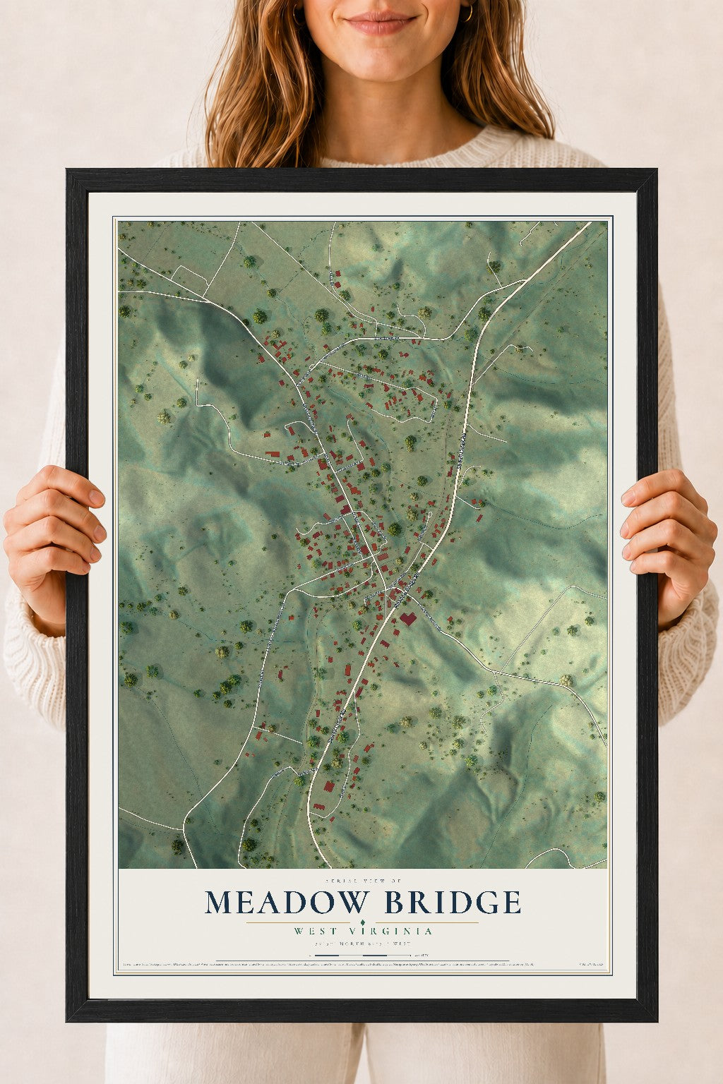 Map of Meadow Bridge, West Virginia, 18 x 24 inch print in a black wood frame