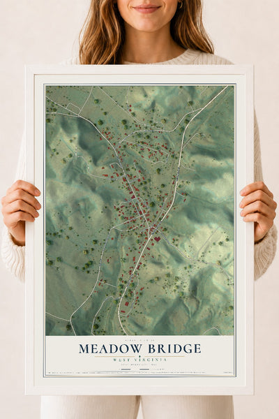 Map of Meadow Bridge, West Virginia, 18 x 24 inch print in a white wood frame