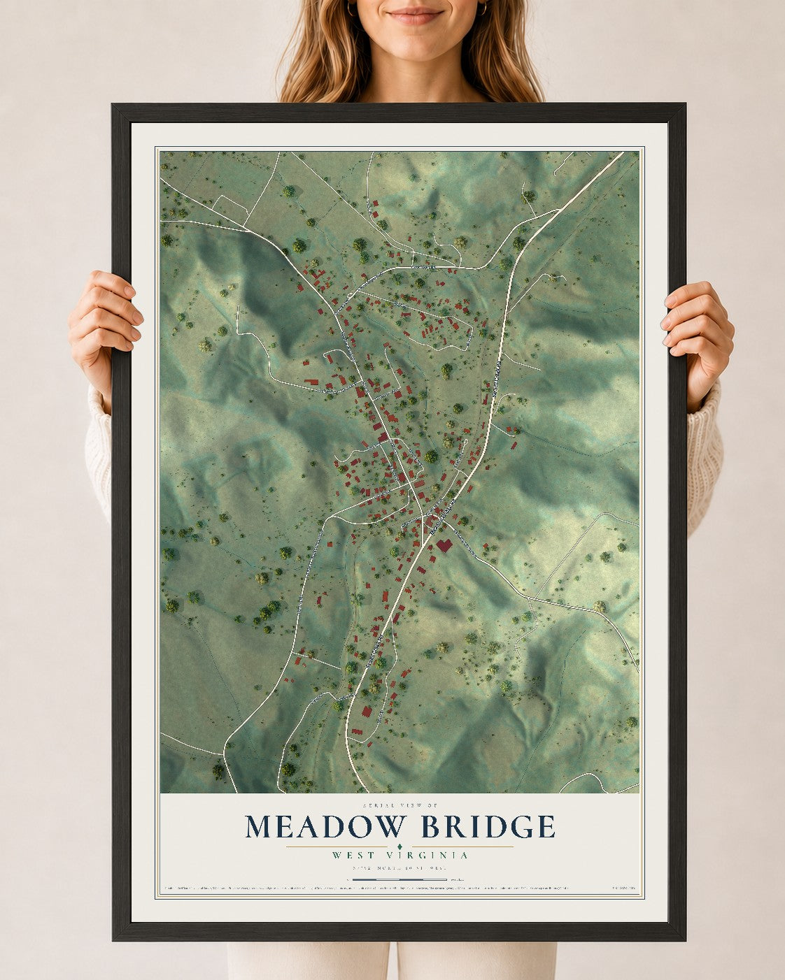 Map of Meadow Bridge, West Virginia, 24 x 36 inch print in a black wood frame