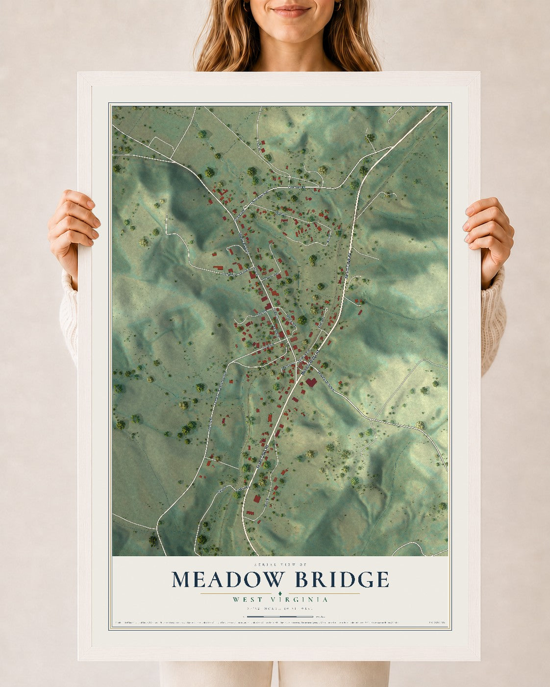 Map of Meadow Bridge, West Virginia, 24 x 36 inch print in a white wood frame