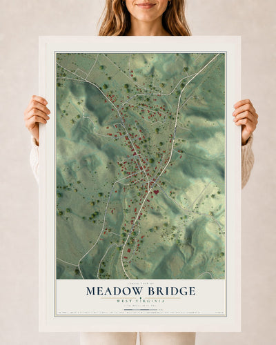Map of Meadow Bridge, West Virginia, 24 x 36 inch print in a white wood frame