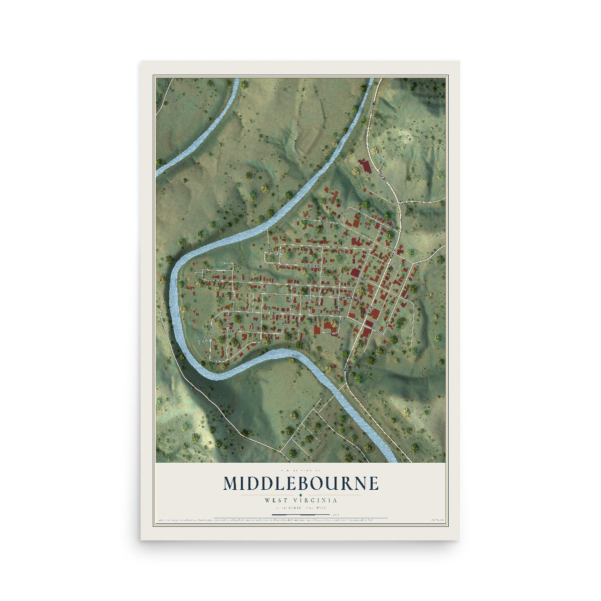 Map of Middlebourne, West Virginia, 12 x 18 inch unframed archival matte print