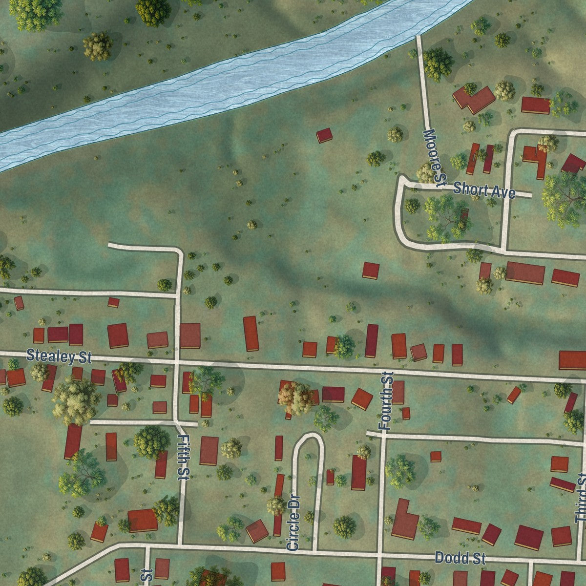 Second close-up of the map of Middlebourne, West Virginia print showing more streets and buildings