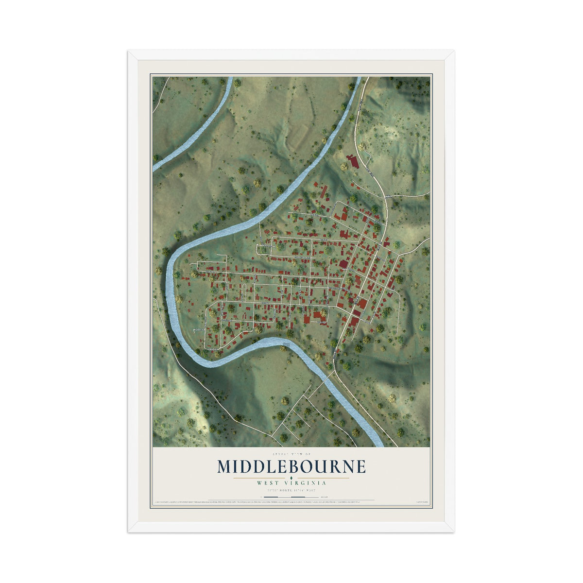 Map of Middlebourne, West Virginia, 12 x 18 inch print in a white wood frame