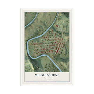 Map of Middlebourne, West Virginia, 12 x 18 inch print in a white wood frame