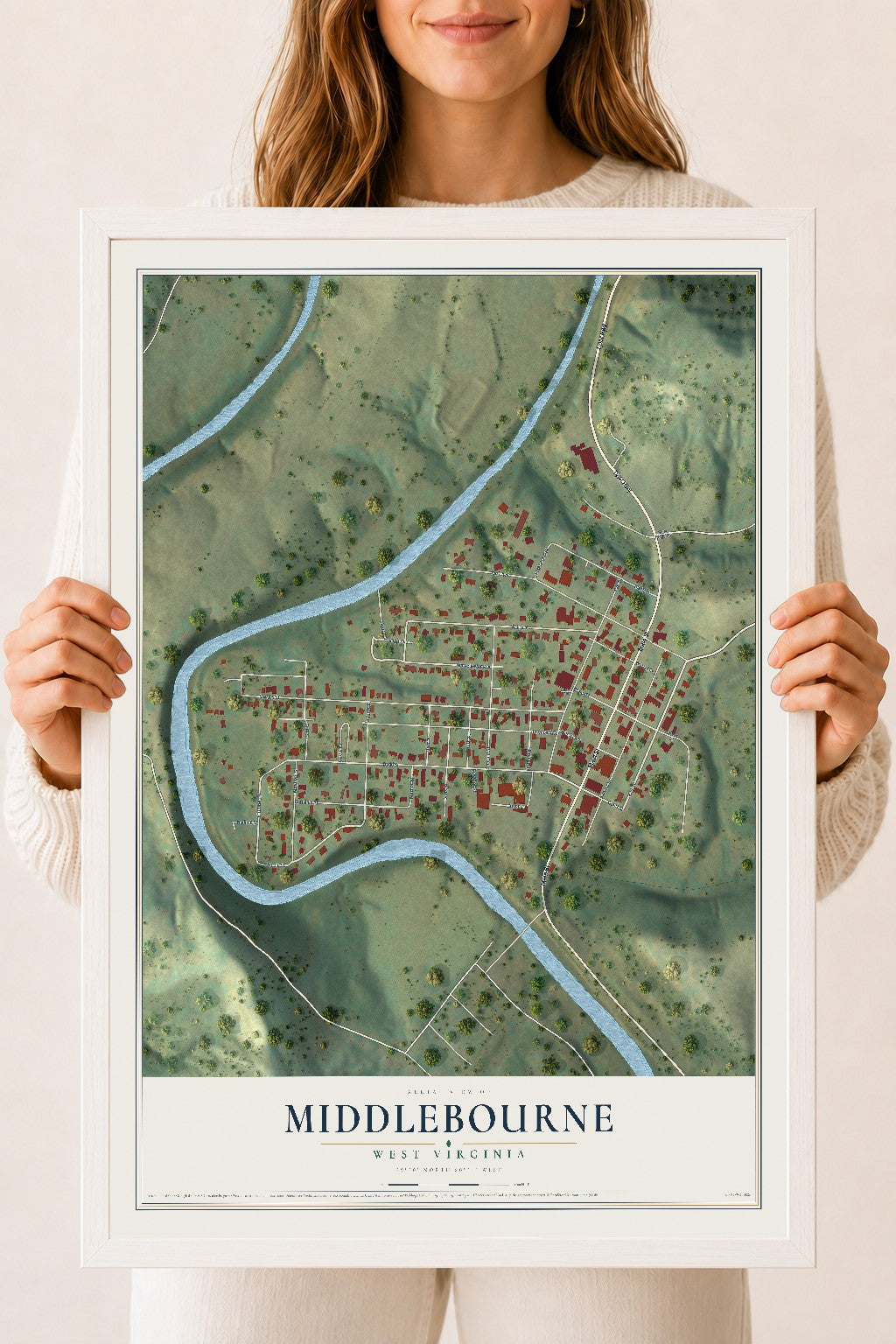 Map of Middlebourne, West Virginia, 18 x 24 inch print in a white wood frame