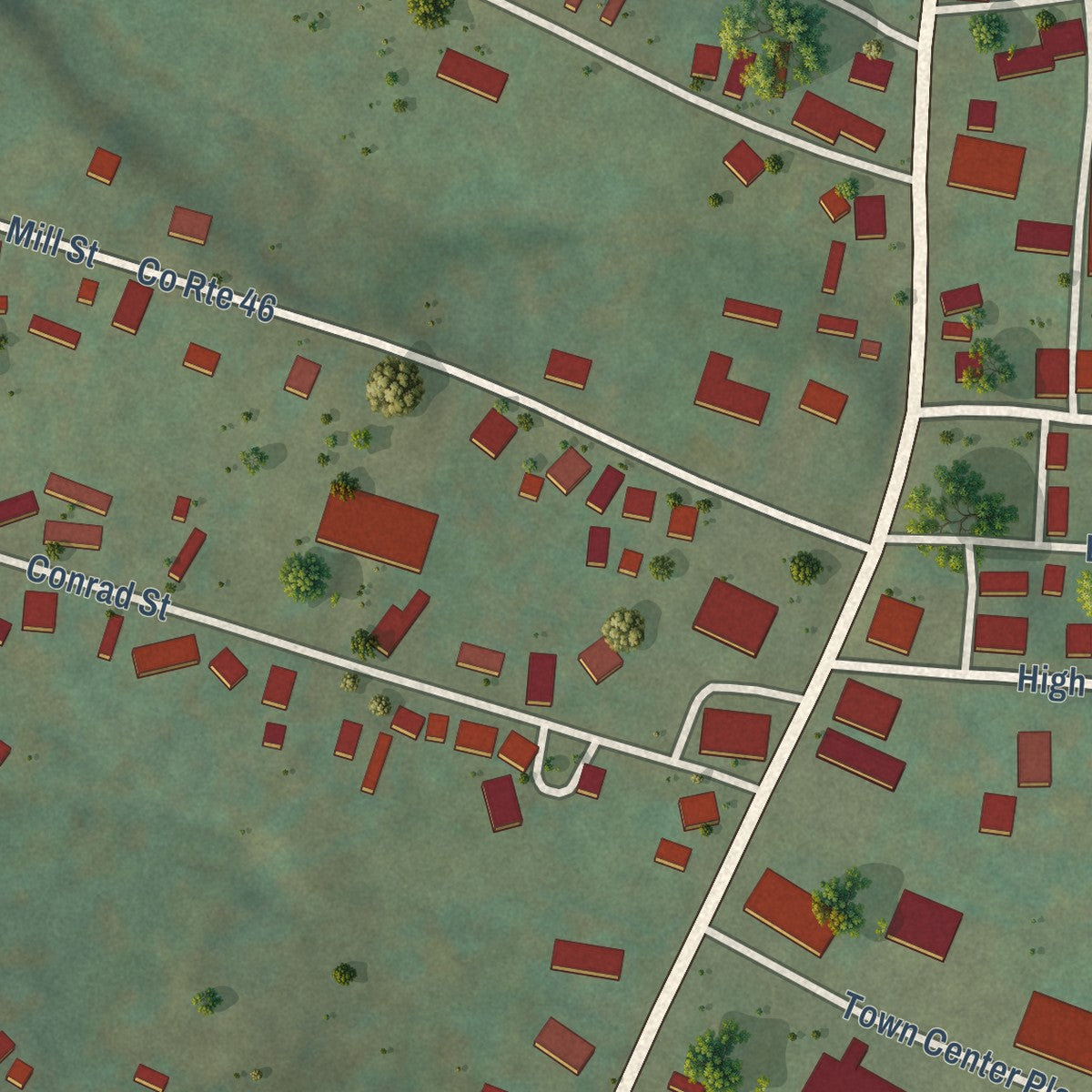 Close-up of the map of Mill Creek, West Virginia print showing street and building detail