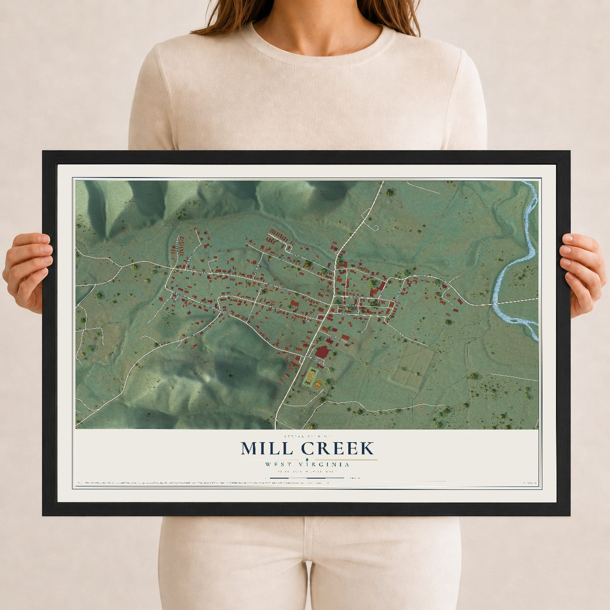 Map of Mill Creek, West Virginia, 12 x 18 inch print in a black wood frame