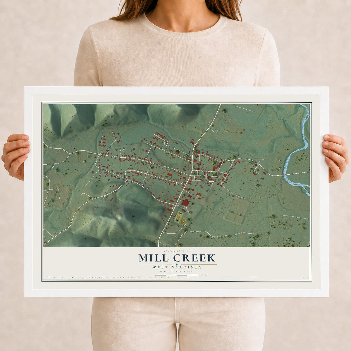 Map of Mill Creek, West Virginia, 12 x 18 inch print in a white wood frame