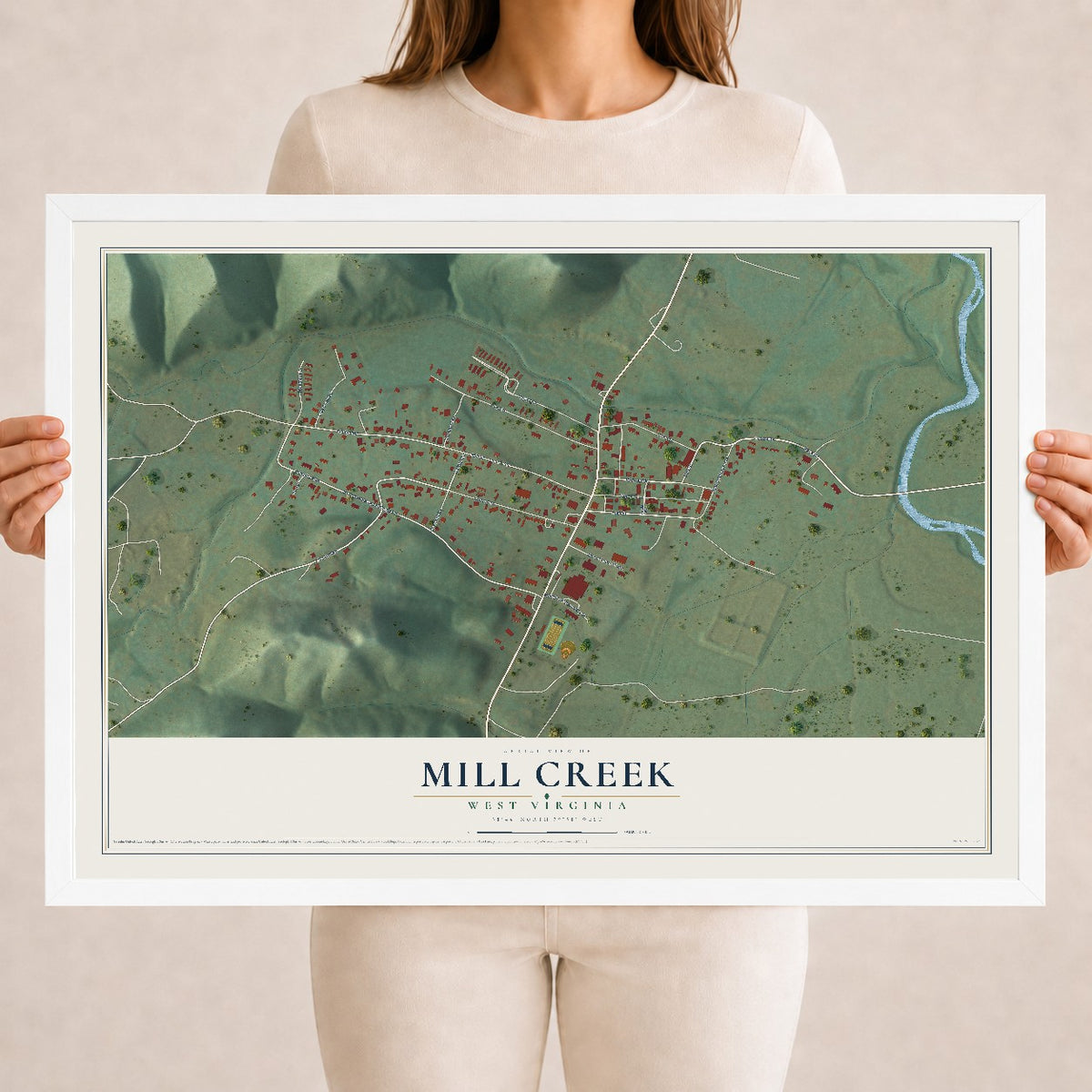 Map of Mill Creek, West Virginia, 18 x 24 inch print in a white wood frame