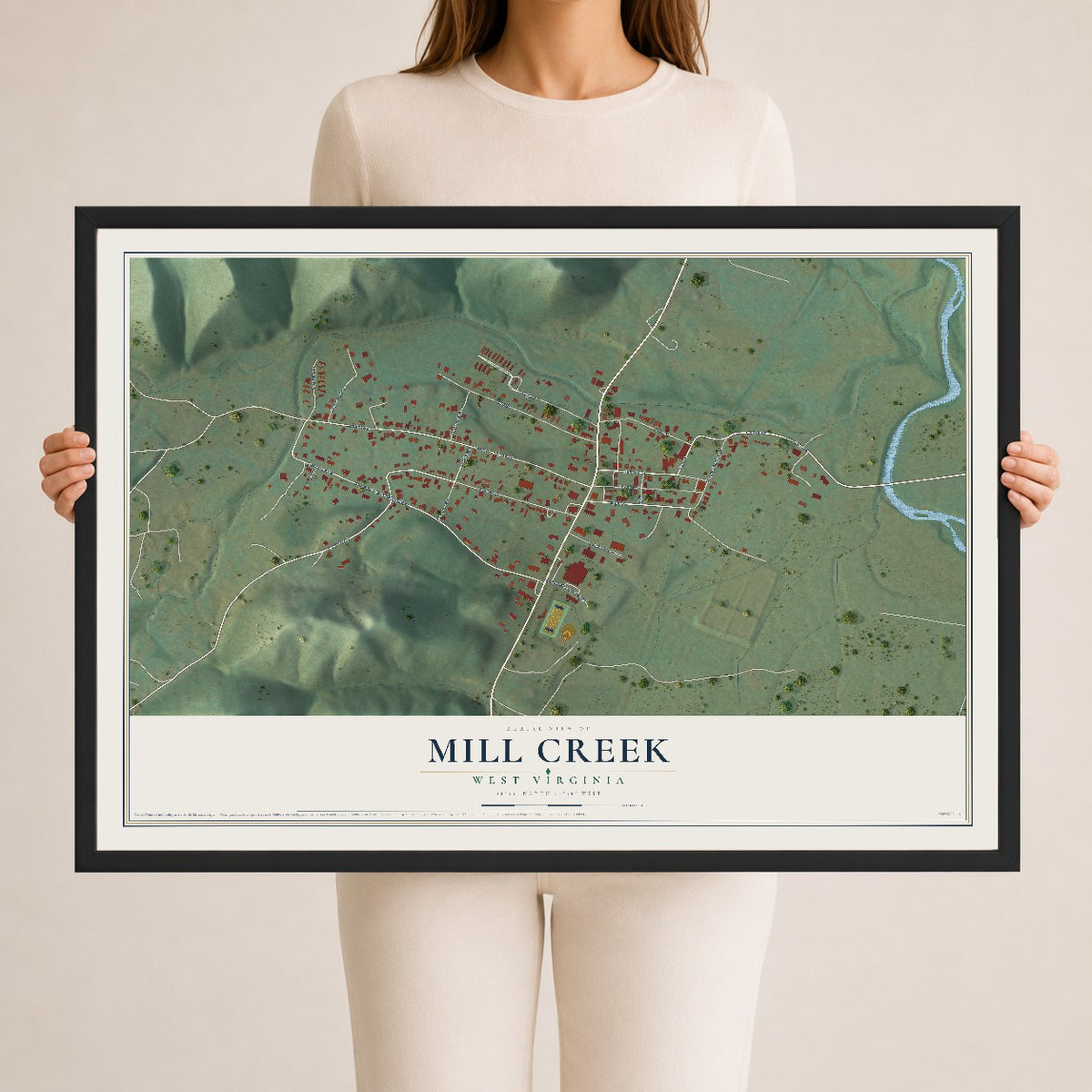 Map of Mill Creek, West Virginia, 24 x 36 inch print in a black wood frame